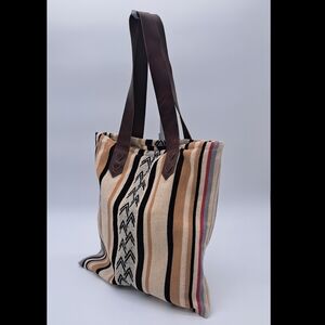 Sutisana Bolivia Wool Striped Canvas Tote Bag with Brown Leather Straps